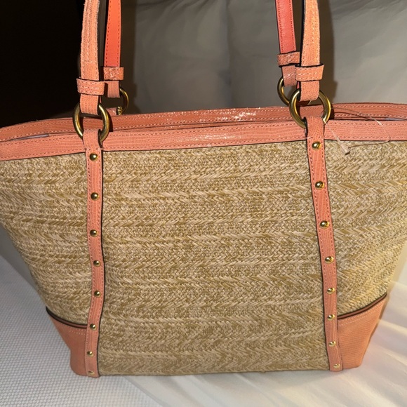 Coach Tan and Pink Woven Tote Bag - Picture 4 of 8